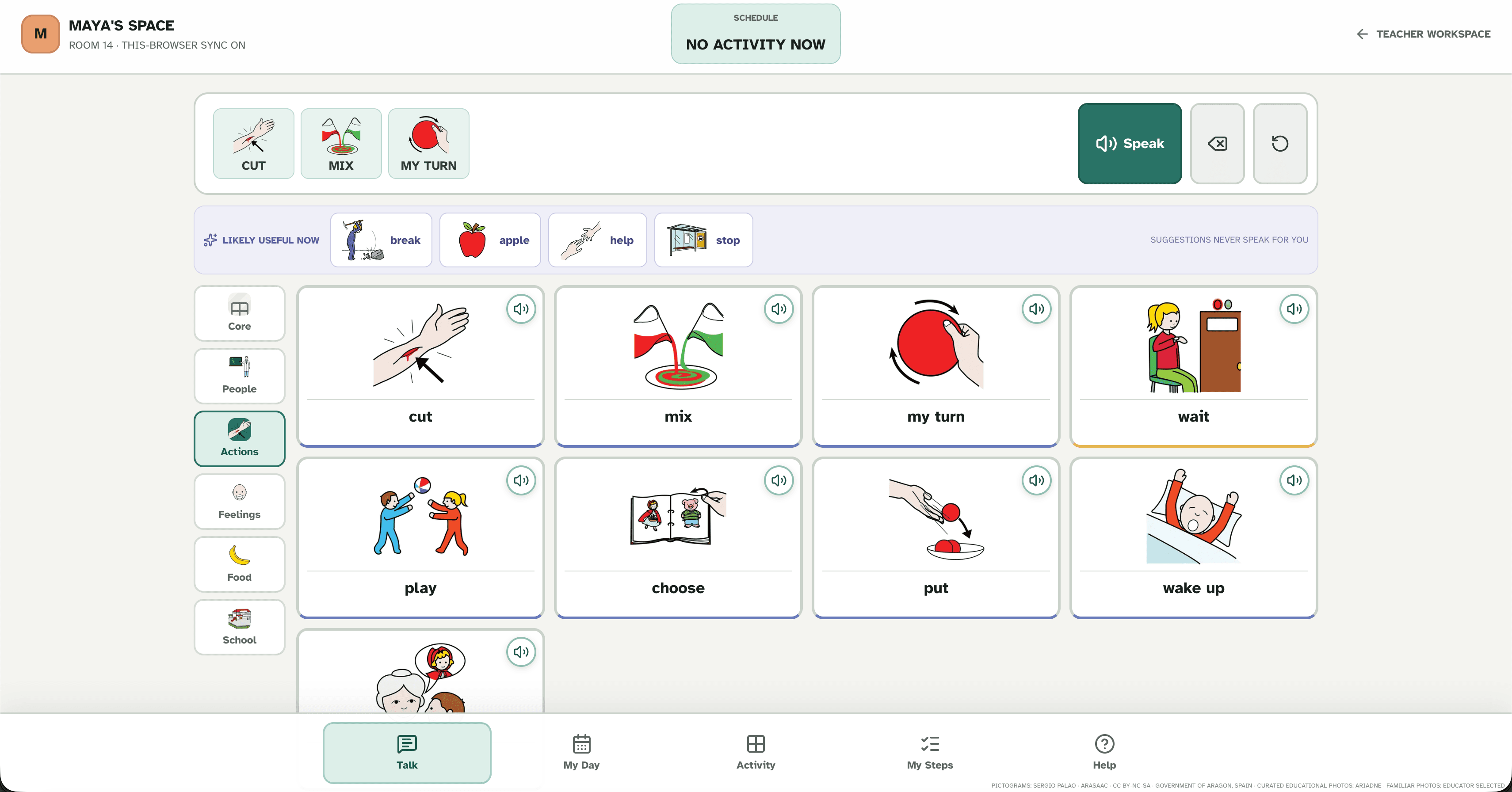 Ariadne student communication board showing Maya's personalized ARASAAC pictograms and classroom vocabulary